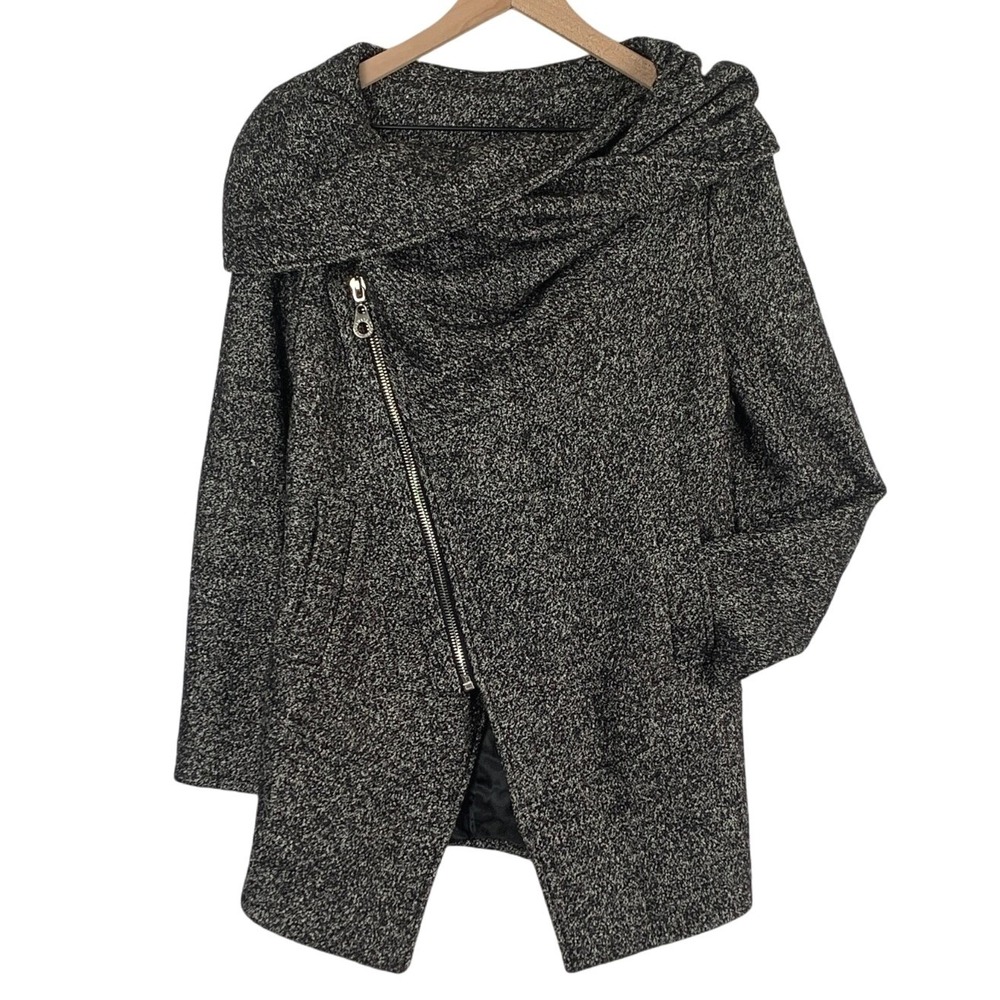 MARC by Marc Jacobs Asymmetric Zip Tweed Coat Sz S Black White Hooded Pockets